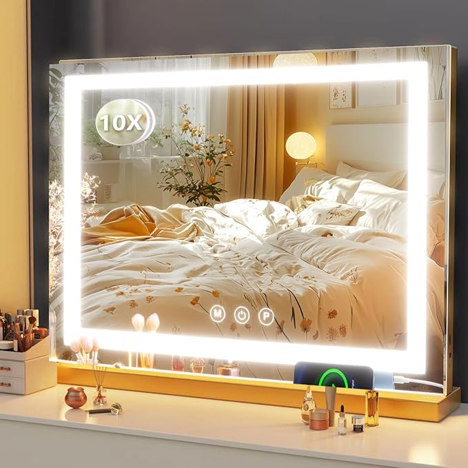 Makeup Vanity Mirror with USB Charging Port 28" x 22" Large LED Makeup Mirror, Desk Mirorr with Lights, Light up Mirror with 10X Magnification and, Dimmable 3 Modes, Touch Gold