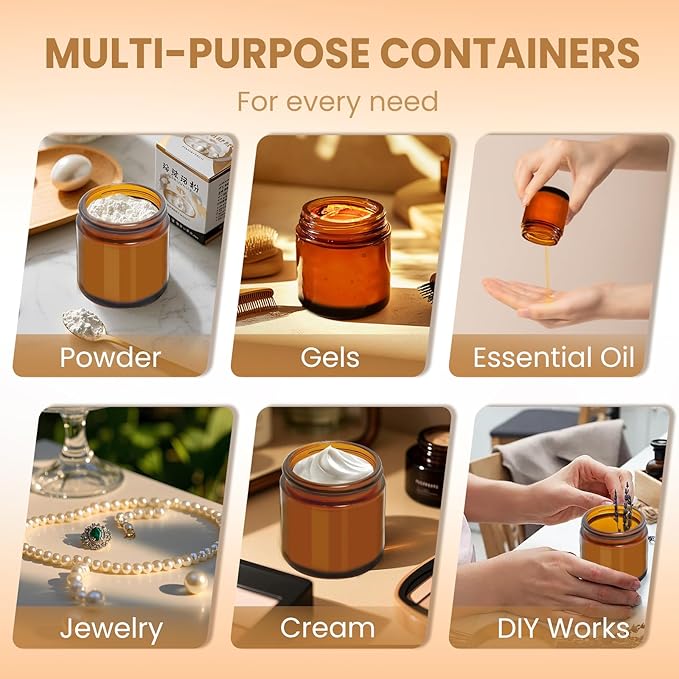 4 oz Amber & Blue Glass Jars with Lids - 32 Pack Leakproof Cosmetic Containers with Inner Liners, Wide-Round Smooth Mouth, Sealable for Creams, Lotions, Essential Oils, Travel Samples