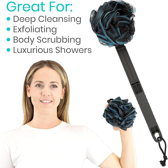 Vive Loofah Sponge Replacement (4 Pk) Shower & Bath Pouf Scrubber for Back & Body Exfoliation, Works with Vive Interchangeable Loofa Handle Long Brush (Replacement Sponge Black and Blue (4 Pack), 4)