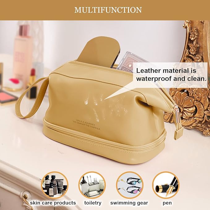 Abiudeng Large Capacity Makeup Bag Ladies Cosmetic Bag Travel Bag with Compartments Portable PU Leather Travel Makeup Bag with Handle