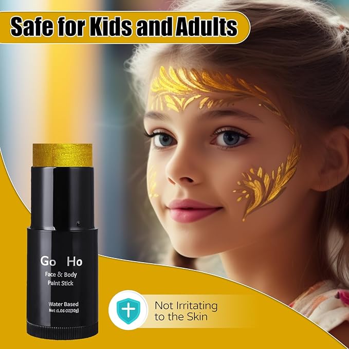 Go Ho Metallic Gold Face Body Paint Stick,Washable Face Paint Eye Black,Non-toxic Cream Metallic Finish Gold Body Paint for Halloween Cosplay SFX Makeup