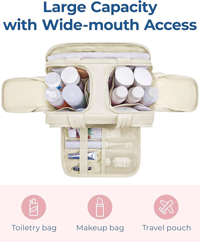 BAGSMART Travel Toiletry Bag, Lightweight Large Wide-open Travel Bag for Women, Puffy Cosmetic Makeup Bag Organizer with Handle for Accessories,Essentials, Toiletries, Beige