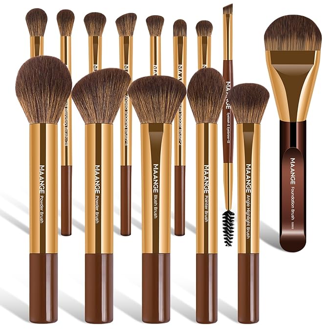 MAANGE 14-Piece Makeup Brush Set with Aluminum Ferrule- Premium Synthetic Makeup Brushes Kit Foundation Powder Brush Eye Shadow for Beginners & Professionals(Gold Coffee)