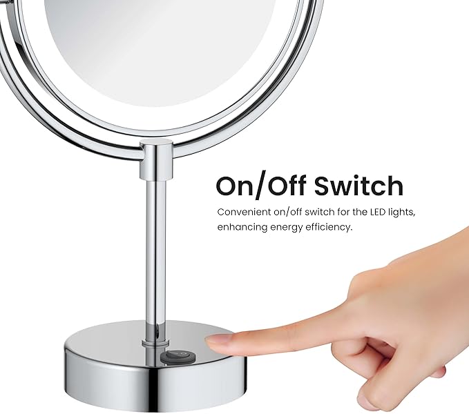 KIBI Circular LED Free Standing Magnifying Makeup Mirror | 360-Degree Swivel Shaving Mirror with Adjustable Brightness | Dual-Sided Vanity Mirror with 5X Magnification (Chrome Finish, KMM104)