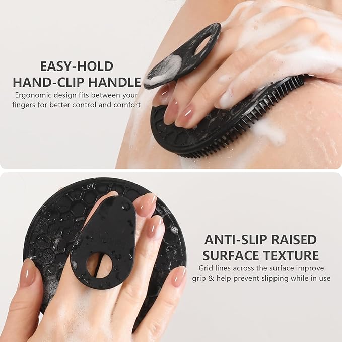 Silicone Body Scrubber with Scrub Net Set, BEAUTAIL 4 Pack for Rich Lather, Deep Cleansing, and Exfoliation – Durable, Easy to Clean, Gentle or Firmer Options – 2 Brushes (BK+BL), 2 Scrub Nets (GY+BL)