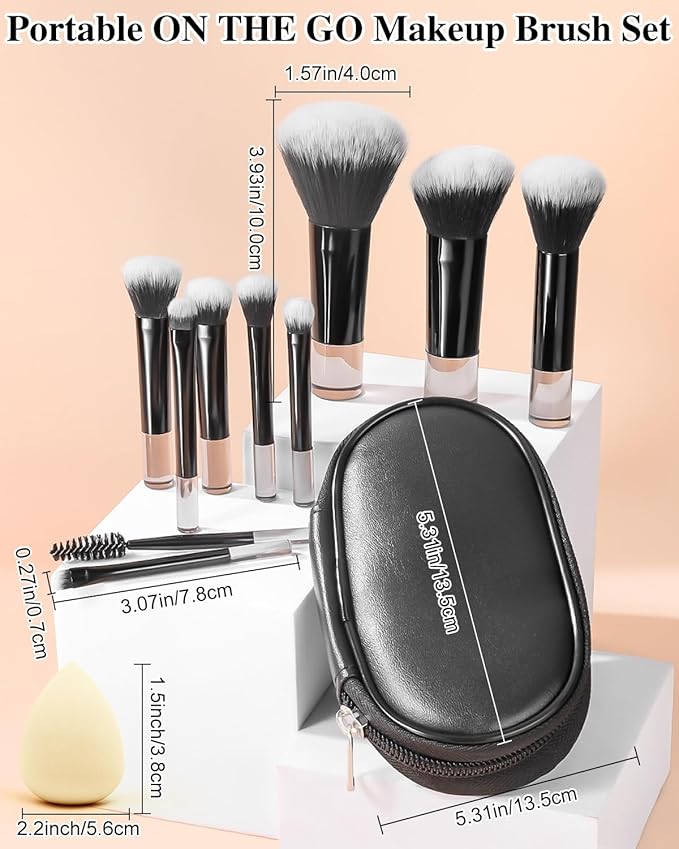 Mini Travel Makeup Brushes Portable Set, 14 Pieces, Full Complete Function Cosmetic Kit with Brush Pouch, On the Go Short Makeup Brush Small Travel Essentials for Women, Girls (Black)