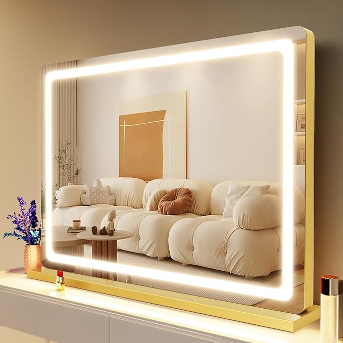 Makeup Vanity Mirror with Lights 20" L x 26" W Large LED Makeup Mirror, Light up Mirror with 10X Magnification and USB Charging Port, Dimmable 3 Modes, Touch Screen Control Gold