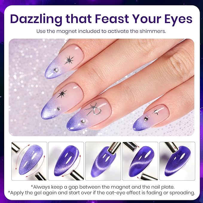 Beetles Cat Eye Gel Nail Polish, 15ML Purple Cat Eye Holographic Glitter Gel Polish with Magnet Soak Off UV Shimmer Velvet Gel Celestial Veil Series French Nail Art Design Manicure Gifts for Women