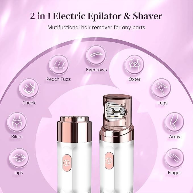 Gurelax Facial Hair Remover, Rechargeable Hair Removal Epilator for Women, 2-in-1 Electric Epilator & Shaver for Face, Finger, Portable Lipstick Styling Epilation System