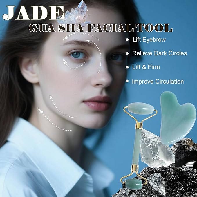 Jade roller and gua sha, facial roller, women's skincare tool, self-care gift, face, eye, neck massager, relieves fine lines and wrinkles, aventurine, opal, rose quartz