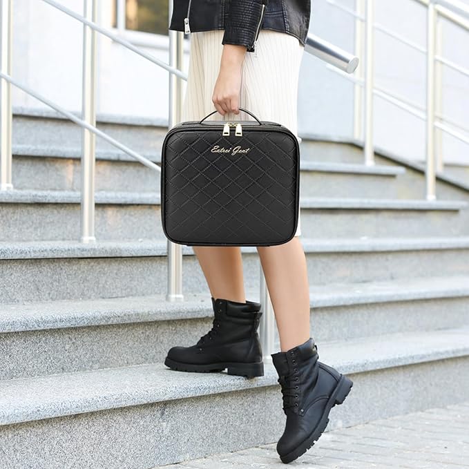 Makeup Travel Train Case with Mirror LED Light 3 Adjustable Brightness Cosmetic Bag Portable Storage Adjustable Partition Waterproof Makeup Brushes Makeup Jewelry Gift for Women