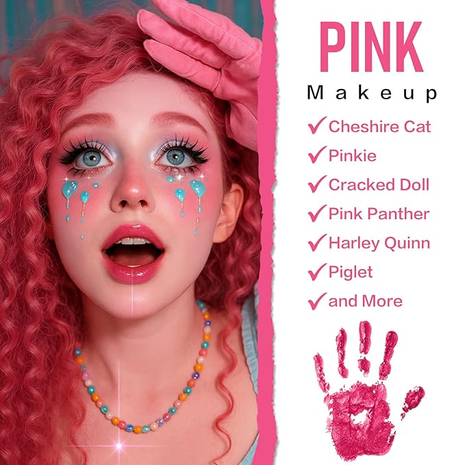 BOBISUKA Pink Face Body Paint, Water-Based Face Painting Kit & Body Paints, Kids Adults Facepaint for Halloween Unicorn Panther Doll & Sugar Skull Makeup, Costume Cosplay Party Theater & Stage