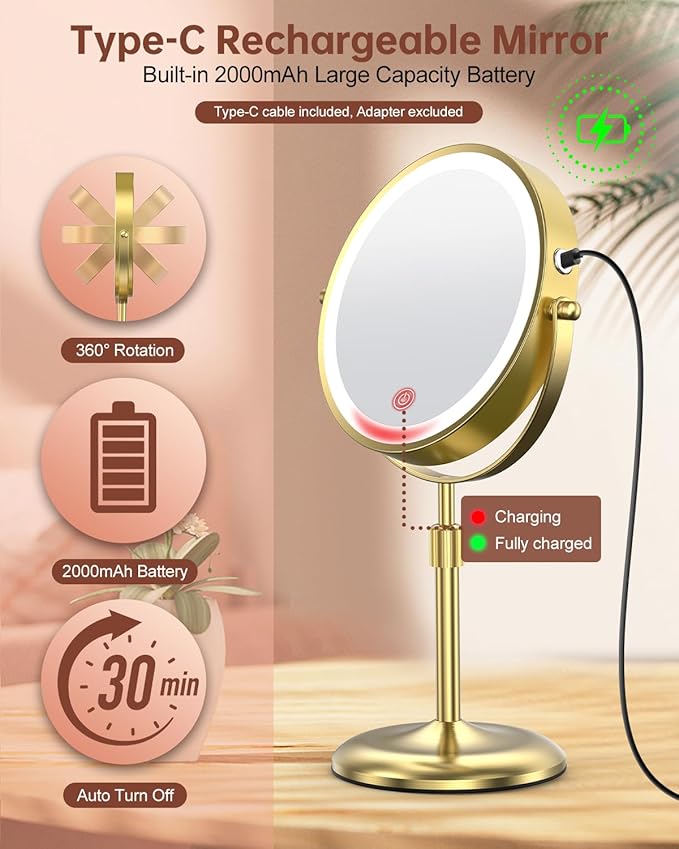 Benbilry Lighted Makeup Mirror with 3 Color Lights & 10X Magnification, Adjustable Brightness & Height, 7 Inch 360° Swivel Rechargeable 10X LED Magnifying Vanity Mirror with Light, Gold