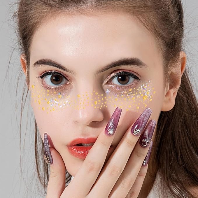 ACTHINK Face Glitter Freckles, Gold Glitter Freckles Face Tattoo Makeup Patches, Glitter Tattoo for Women Girls Make Up Costume Parties (6 pcs Gold，6 pcs Brown)