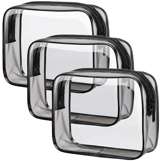 PACKISM Clear Toiletry Bag - 3 Pack TSA Approved Toiletry Bag Quart Size Bag, Travel Makeup Cosmetic Bag for Women, Carry on Airport Airline Compliant Bag, Black