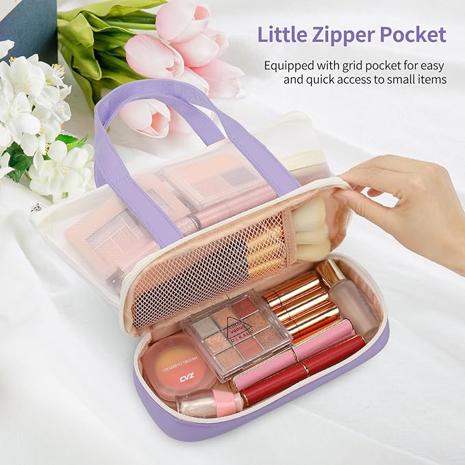 Small Multi-Functional Makeup Bag for Teens and Women Cute Cosmetic Case with Zipper Pouch/Double Handle for Travel Daily Use Multi-Scene Storage - Perfect Christmas or Birthday Gift for Girls-Purple