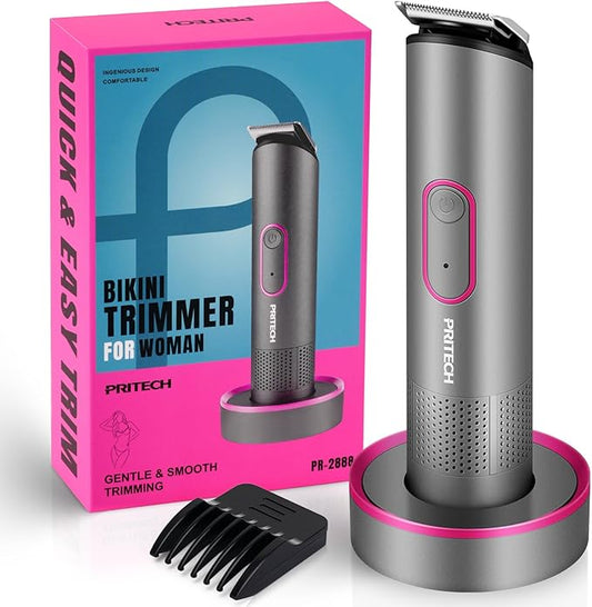 PRITECH Bikini Trimmer for Women - Rechargeable Pubic Hair Trimmer Women for Sensitive Skin, Wet & Dry Use, Pain-Free Electric Razor&Shaver with Standing Recharge Dock, Ideal Gift, Slate Grey