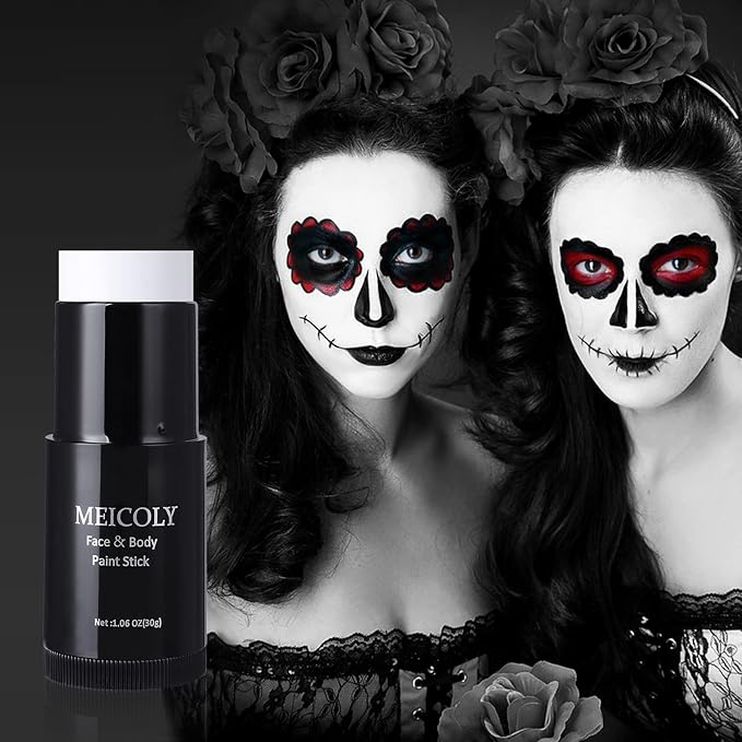 MEICOLY Clown White Face Body Paint Stick(1.06 Oz),Foundation Cream Makeup,Face Paint for Halloween Joker Zombie Vampire Skeleton Skull Special Effects Mime Makeup,White Eye Black Stick for Sports