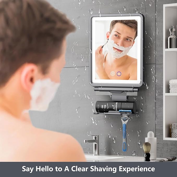 Heated Shower Mirror Fogless for Shaving, 3 Colors Stepless Dimmable Lights Fogless Mirror for Shower, Rechargeable Anti Fog Shaving Mirror with Razor Holder for Men, Light Memory Function, Gray