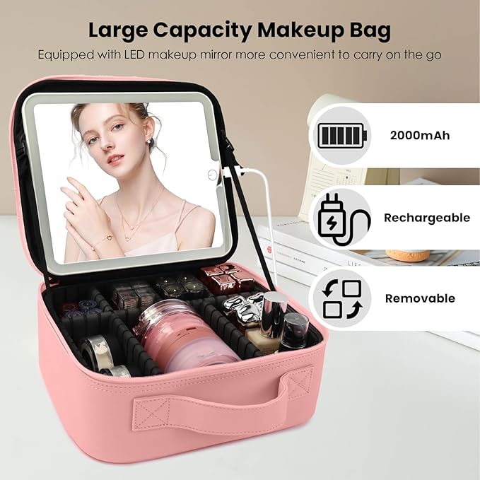 Travel Makeup Bag with LED Mirror Makeup Case with Light Up Mirror Portable Cosmetic Brush Organizer Bag with Adjustable Dividers for Cosmetics Makeup Brushes Toiletry (Pink)