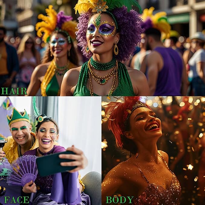 Mardi Gras Accessories Gold Face Glitter,Green Purple Gold Mixed Holographic Body Glitter Glitter,Festival Sequins for Face and Body, New Orleans Decorative Carnival Decorations