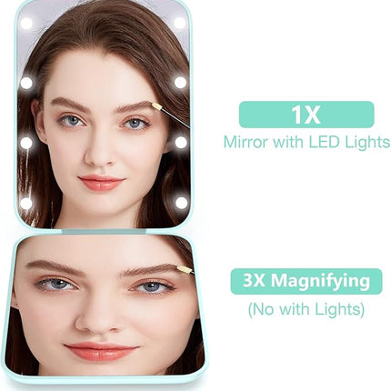 WOBSION Small Mirror with Lights,LED Compact Makeup Mirror,1x/3x Mini Travel Mirror with Magnification,Portable for Purse,Pocket,Gifts for Girls,Cyan