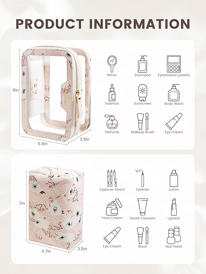ROWNYEON Clear Makeup Case Toiletry Bag Multipurpose Travel Makeup Train Case Portable Cosmetic Organizer Transparent Storage Bag