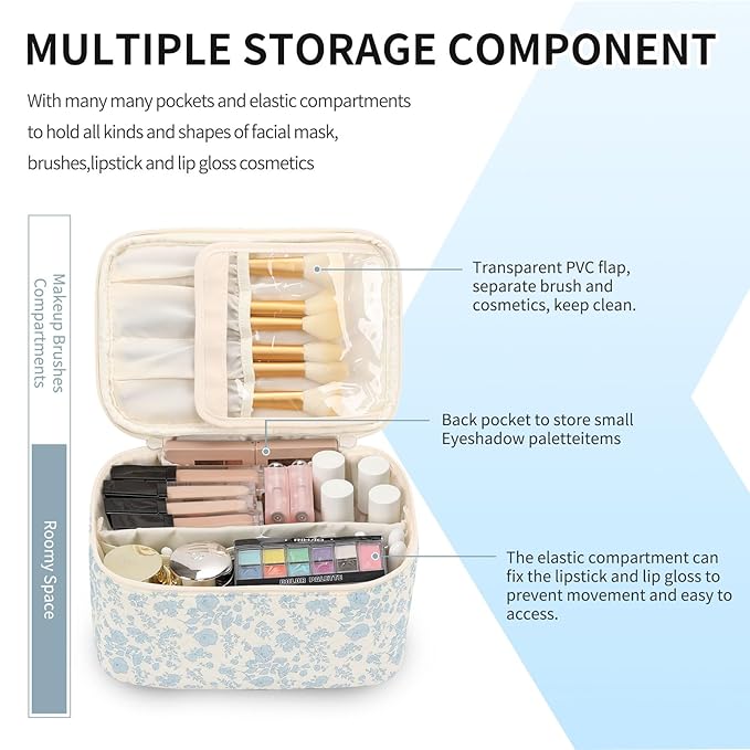 OCHEAL Makeup Bag Portable Cosmetic Bag For Women, Large Capacity Travel Makeup Case Organizer, Toiletry Bag for Girls Traveling With Handle and Divider-Flowers