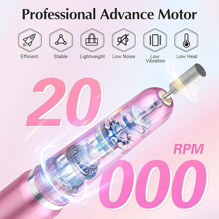 JIASHENG USB Electric Nail Drill, Portable Electric Nail File for Acrylic Gel Nails, Professional Drill Nail Kit Manicure and Pedicure Kit with Drill Bits for Home and Salon Use, Pink