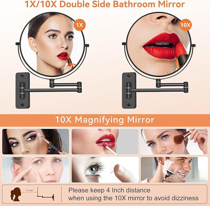 8” Makeup Mirror Wall Mounted, 1X/10X Double-Sided Wall Mount Magnifying Bathroom Mirror with Extendable Arm, 360° Swivel Vanity Shaving Mirror for Bathroom and Makeup, Black (No Light