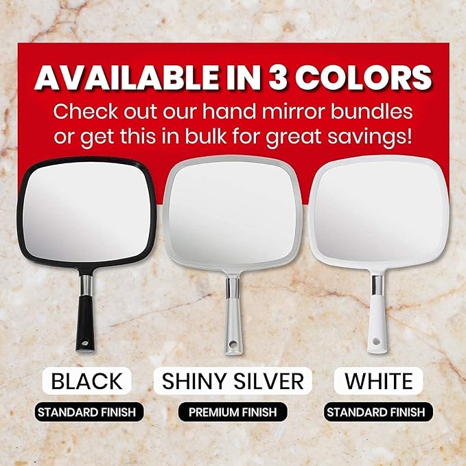 MIRRORVANA Professional Large Hand Mirror with Ergonomic Handle for Men & Women - Premium Handheld Haircut Mirrors for Barber and Salon - 9" x 13" (Elegant Silver Luxe Edition)