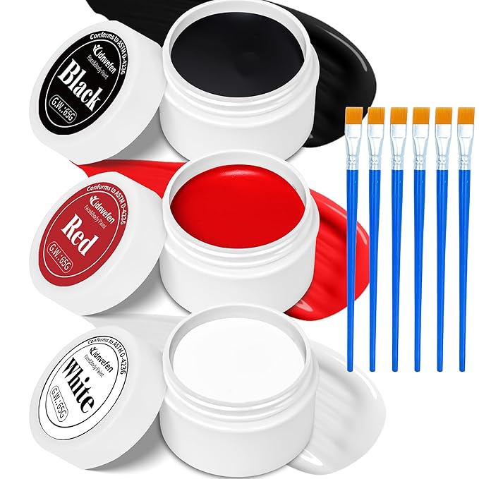 3 Colors Oil Based Face Body Paint Set with 6 Brushes, White Black Red Clown Makeup Kit for Halloween Goth Pennywise Joker Devil Zombie Vampire Skeleton SFX Cosplay Stage, Non Toxic for Kids & Adults