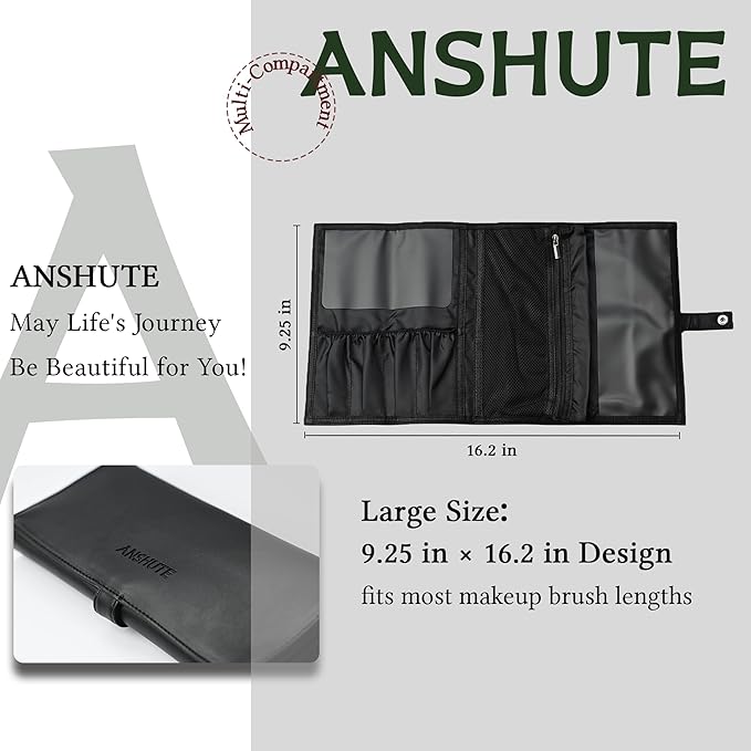 Travel-Ready Makeup Brush Organizer Bag Black - Multi - Zone 9.25 in × 16.2 in PU Leather Cosmetic Case, Makeup Brush Holder, Makeup Brush Case