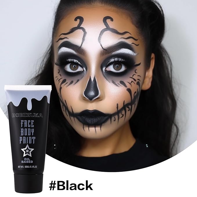 Black Face Paint, Blendable Cream Body Painting Kit, Eye Black for Sports Baseball Softball Football, Facepaint for Skull Joker Vampire, Halloween Skeleton Cosplay, Costume, Parties, 21.fl oz (60ml)