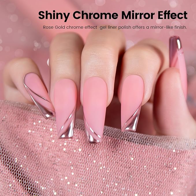 RARJSM Metallic Chrome Gel Liner Nail Art 3D Mirror Silver and Rose Gold Effect Gel Nail Polish 8ml Painting Build in Thin Brush Metal Painted Drawing Striper Gel Polish Curing Requires for Home Salon