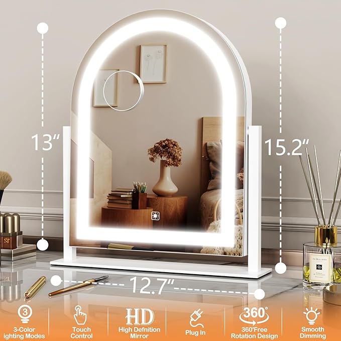 Lighted Makeup Mirror, Hollywood Vanity Mirror with Lights, Three Color Lighting Modes, and Detachable 10X Magnification Mirror, Smart Touch Control, 360°Rotation (15.2in White)