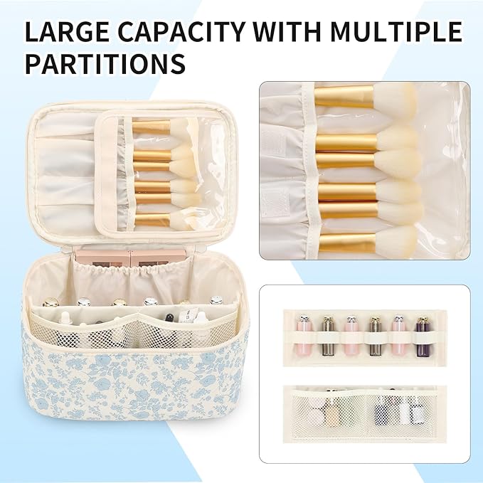 OCHEAL Makeup Bag Portable Cosmetic Bag For Women, Large Capacity Travel Makeup Case Organizer, Toiletry Bag for Girls Traveling With Handle and Divider-Flowers
