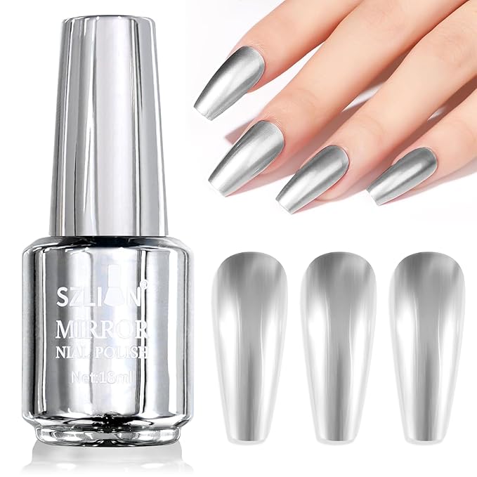 SIUSIO 18ml Mirror Nail Polish, Bright Colorful Metallic Nail Polish for Nail Art, Longlasting Mirror Effect Nail Glue, Gorgeous Reflective Manicure Nail Lacquers, 0.61 fl oz-Silver