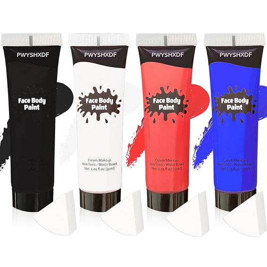 4 Colors Face Body Paint, 1.01 fl oz/PC Water Based Body Paint for Adults & Kids, Washable Face Paint Kit with Sponges, Face Painting for Halloween Clown Vampire Makeup, USA Flag/Sports Event Makeup