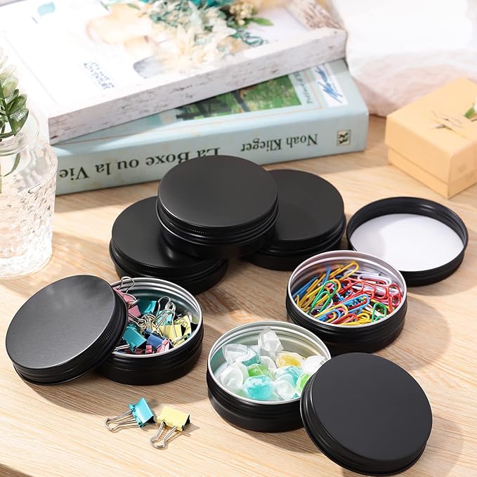 Therwen 96 Pcs Aluminum Tin Jars Containers Metal Leak Proof Cosmetic Tin Jars Containers Round Screw Lids Lip Balm Can Empty Refillable Cosmetic DIY Storage (1 x 2.7 Inch,Black)