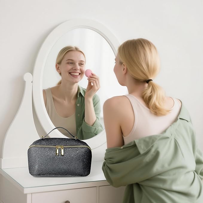 Makeup Bag for Women Travel Cosmetic Bag Toiletry Oraganizer Case Bag Travel Essentials Portable Pouch with Waterproof Large Capacity PU Leather Lining