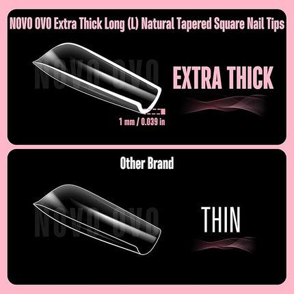 NOVO OVO Long Square Nail Tips NATURAL (Not SCULPTED) for Flat Nail Beds, Extra Thick L Length False Nails Press on, Full Cover Soft Gel Fake Nail Extension, Salon DIY x 15 Sizes 450 pcs