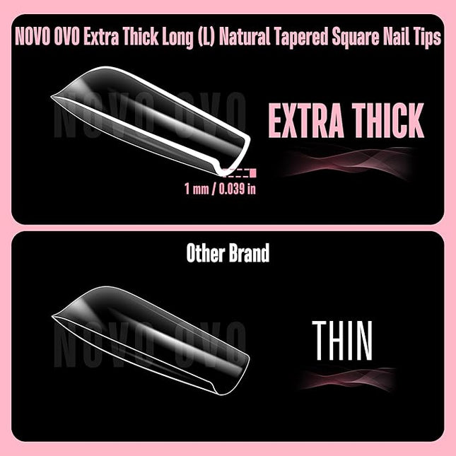 NOVO OVO Long Square Nail Tips NATURAL (Not SCULPTED) for Flat Nail Beds, Extra Thick L Length False Nails Press on, Full Cover Soft Gel Fake Nail Extension, Salon DIY x 15 Sizes 450 pcs
