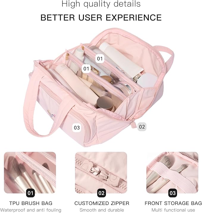 Makeup bag, Large Capacity Cosmetic Bag for Women, Portable Wide-open Toiletry Bag, Travel Makeup Bag with TPU Compartments for Accessories, Essentials, Toiletries, Makeup Brush Bag, Pink