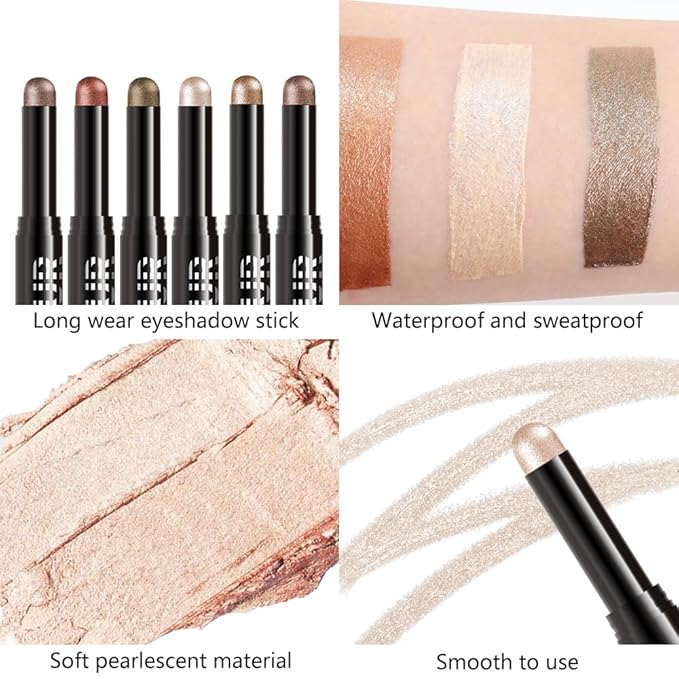 Beige Shimmer Cream Eye Shadow Stick Makeup for Women, Bright Nude Shimmer Matte Eye Shadow Brightener Stick for Eyes, Waterproof Eyeshadow Pencil Applicator Blendable for Eye Highlight 10
