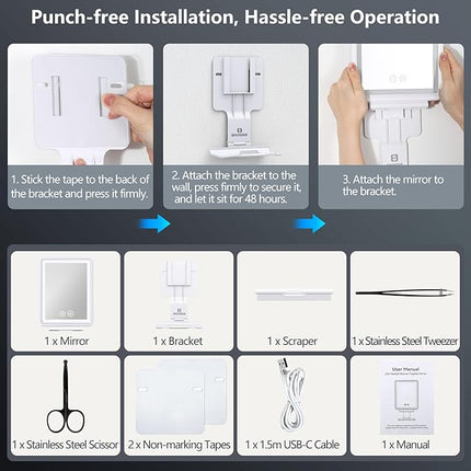 Heated Shower Mirror Fogless for Shaving, 3 Colors Stepless Dimmable Lights Fogless Mirror for Shower, Rechargeable Anti Fog Shaving Mirror for Shower with Razor Holder, Light Memory Function, White