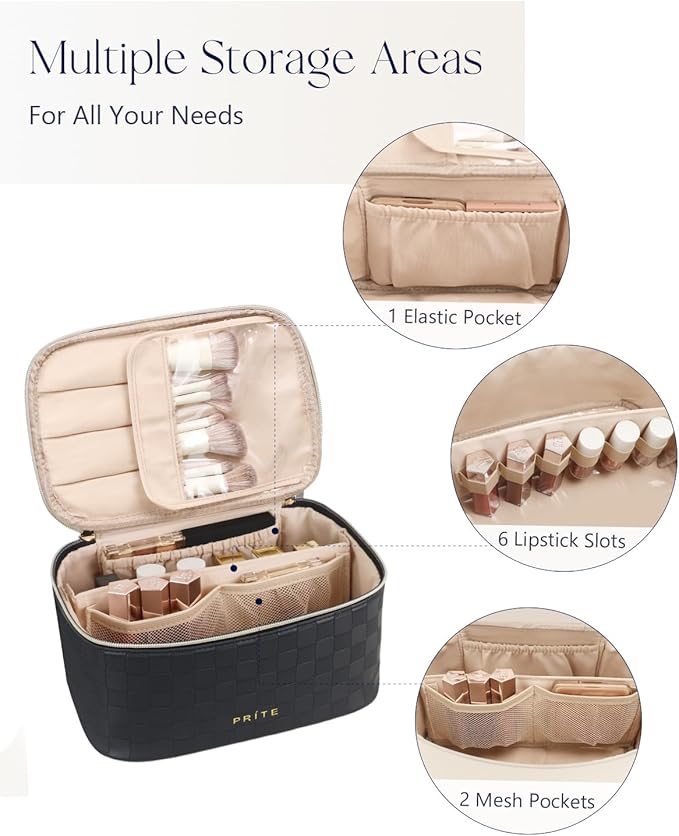 Prite Makeup Bag Portable Cosmetic Organizer with Brush Holder Waterproof Travel Toiletry Bag for Women with Handle and Divider (Checkered Black)