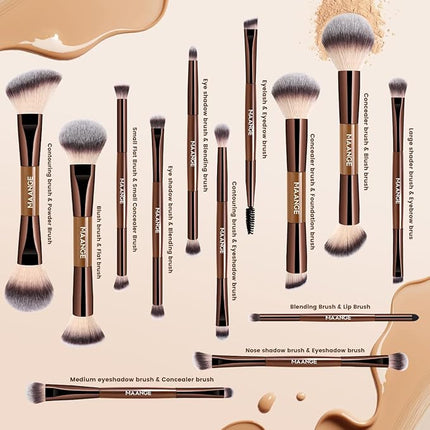 MAANGE 13 Pcs Foundation Makeup Brush Set With Bag, Make up Brushes, Double-End Multi Functional Makeup Brushes, Professional Face Brush Set Tools For Liquid Powder Concealer Cream Blush (Coffee)