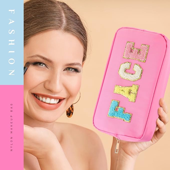 Cunno 4 Pcs Preppy Makeup Bags Chenille Letter Stuff Bag Nylon Cosmetic Pouch Cases with Zipper for Women Travel Toiletry