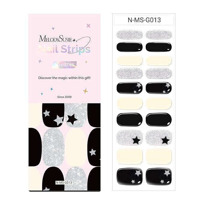 MelodySusie 20 PCS Semi Cured Gel Nail Strips UV Light Required, Durable and Salon Quality (Black and White)
